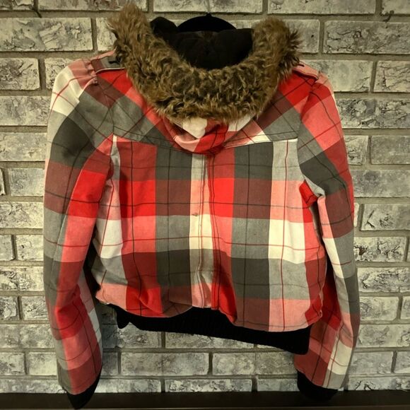 Roxy Red & Gray Plaid Bomber Jacket with Faux Fur Hood – Size S - Picture 4 of 10